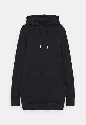 Zwarte hoodie met lange mouwen, voorzak in kangoeroestijl en verstelbare trekkoorden aan de capuchon, weergegeven tegen een effen achtergrond.