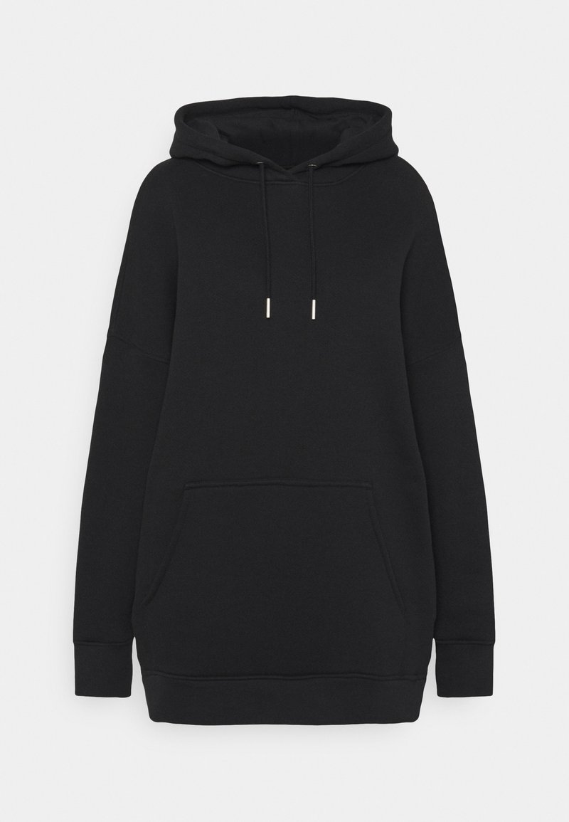 Sweat à capuche noir à manches longues avec poche kangourou à l'avant et cordons réglables sur la capuche, présenté sur un fond uni.