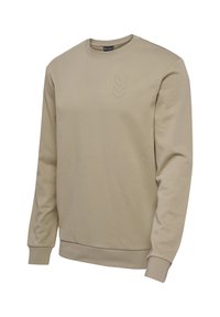 Beige sweatshirt i bomullsmix med rund halsringning, långa ärmar, ribbade mudd och nederkant, samt en präglad chevronlogga på bröstet.