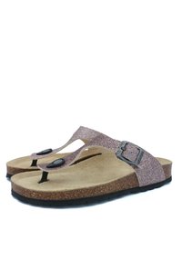 Sandales en thong roses pailletées avec semelle en liège, semelle en caoutchouc noire, sangle ajustable avec boucle en métal, surface texturée pour une meilleure adhérence.