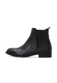 Czarne skórzane buty Chelsea z elastycznymi bocznymi panelami, gładką teksturą, okrągłym noskiem i niskim, piętą o niskim profilu. Minimalistyczny design.