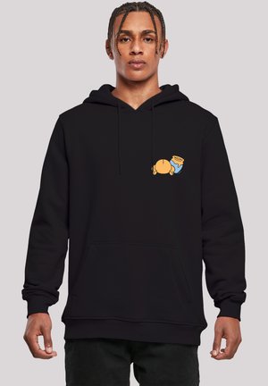 Black hoodie made of cotton blend, featuring a small, colorful cartoon graphic on the chest, with a front kangaroo pocket and drawstring hood.