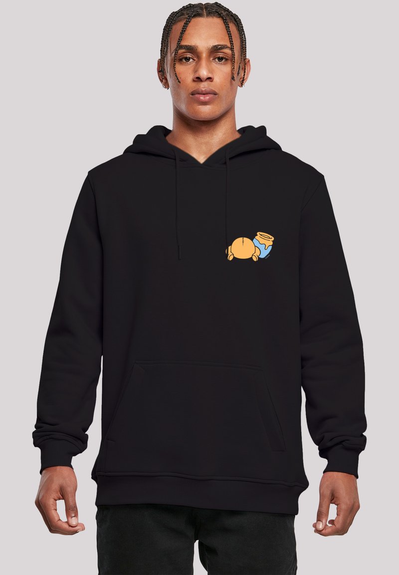 Felpa nera con cappuccio in misto cotone, caratterizzata da una piccola grafica di un cartone animato colorato sul petto, con tasca a marsupio fronte e cappuccio regolabile con cordino.