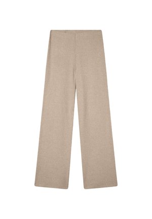 Pantaloni beige a gamba larga in maglia a coste con vita alta, senza tasche visibili né decorazioni.
