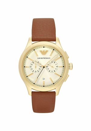Gold-tone watch with a cream dial, brown leather strap, chronograph subdials, and date display at 6 o'clock. Emporio Armani logo featured.