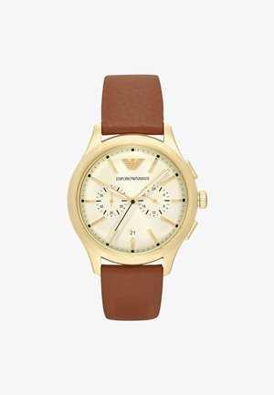 Goldfarbene Uhr mit cremefarbenem Zifferblatt, braunem Lederarmband, Chronographen-Subdials und Datumsanzeige um 6 Uhr. Mit Emporio Armani-Logo.