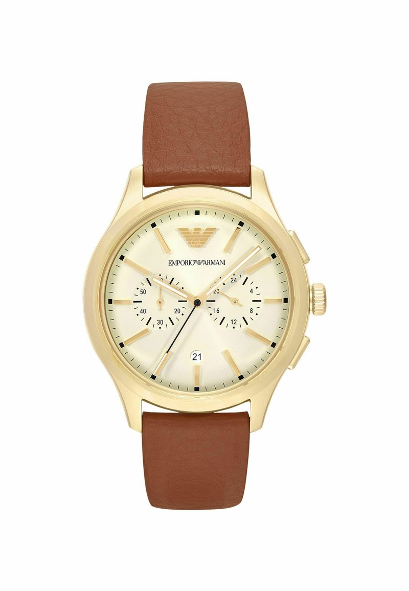 Goldfarbene Uhr mit cremefarbenem Zifferblatt, braunem Lederarmband, Chronographen-Subdials und Datumsanzeige um 6 Uhr. Mit Emporio Armani-Logo.