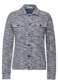 Blå och grå mönstrad jacka gjord av texturerad tyg, med krage, knappstängning fram och två bröstfickor med matchande knappar.