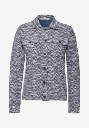 Giacca blu e grigia a fantasia realizzata in tessuto testurizzato, con colletto, chiusura a bottoni e due tasche sul petto con bottoni abbinati.