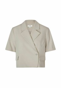 Beige blazer met korte mouwen, gemaakt van textuurstof, met een geknipte revers, sluiting met één knoop en twee zijzakken.