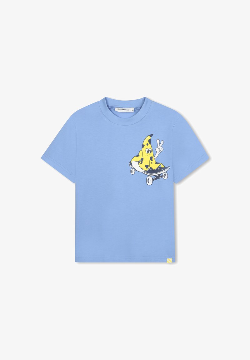 Gaiši zilas kokvilnas t-krekls ar īsām piedurknēm, uz kura attēlots dzeltenais banānu varonis uz skrituļdēļa, rādīdams miera zīmi.