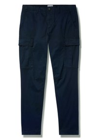 Pantalon cargo bleu marine avec fermeture à boutons, passants de ceinture, poches latérales et poches à rabat sur chaque cuisse, posé à plat sur un fond blanc.