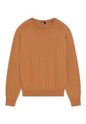 Maglione marrone con scollo rotondo e maniche lunghe. Presenta polsini e orlo a coste, con cuciture decorative sulle spalle.
