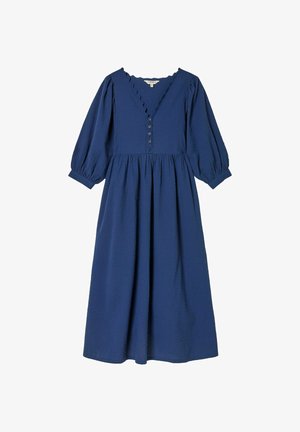 Blaues, strukturiertes Midikleid mit geschwungenem V-Ausschnitt, Vorderknöpfen, gepufften Dreiviertelärmeln und geraffter Taille.