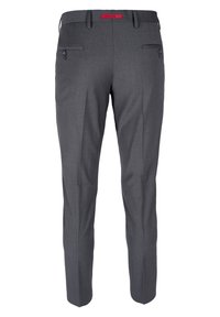 Graue maßgeschneiderte Hosen aus leichtem Stoff, mit flachem Frontdesign, zwei Gesäßtaschen und schlanker Passform.