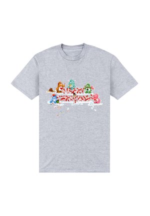 Szary bawełnowy T-shirt z kolorowym, cartoonowym wzorem, przedstawiającym animowane niedźwiedzie i akcenty cukierków na przodzie.