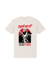 Weißes Baumwoll-T-Shirt mit einer Grafik einer maskierten Figur mit Waffen, Text in Rot und Schwarz mit den Worten "Freitag der 13." und "Der Tag, den alle fürchten".