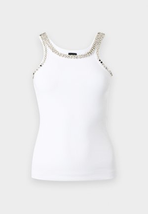 White ribbed tank top with silver round embellishments along the neckline and shoulder straps, sleeveless design.
