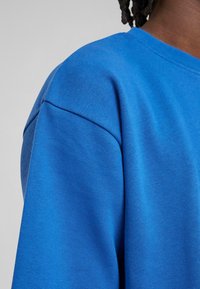 Blå bomullssweatshirt med klassisk rund hals, med en myk tekstur og litt oversized passform, som viser skuldersøm detalj.