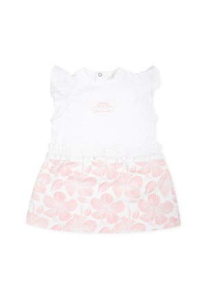 Abito bianco con maniche corte a volant, caratterizzato da un motivo floreale rosa sulla gonna e un logo sul corpino. Materiale di cotone leggero.