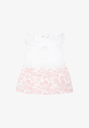 Abito bianco con maniche corte a volant, caratterizzato da un motivo floreale rosa sulla gonna e un logo sul corpino. Materiale di cotone leggero.