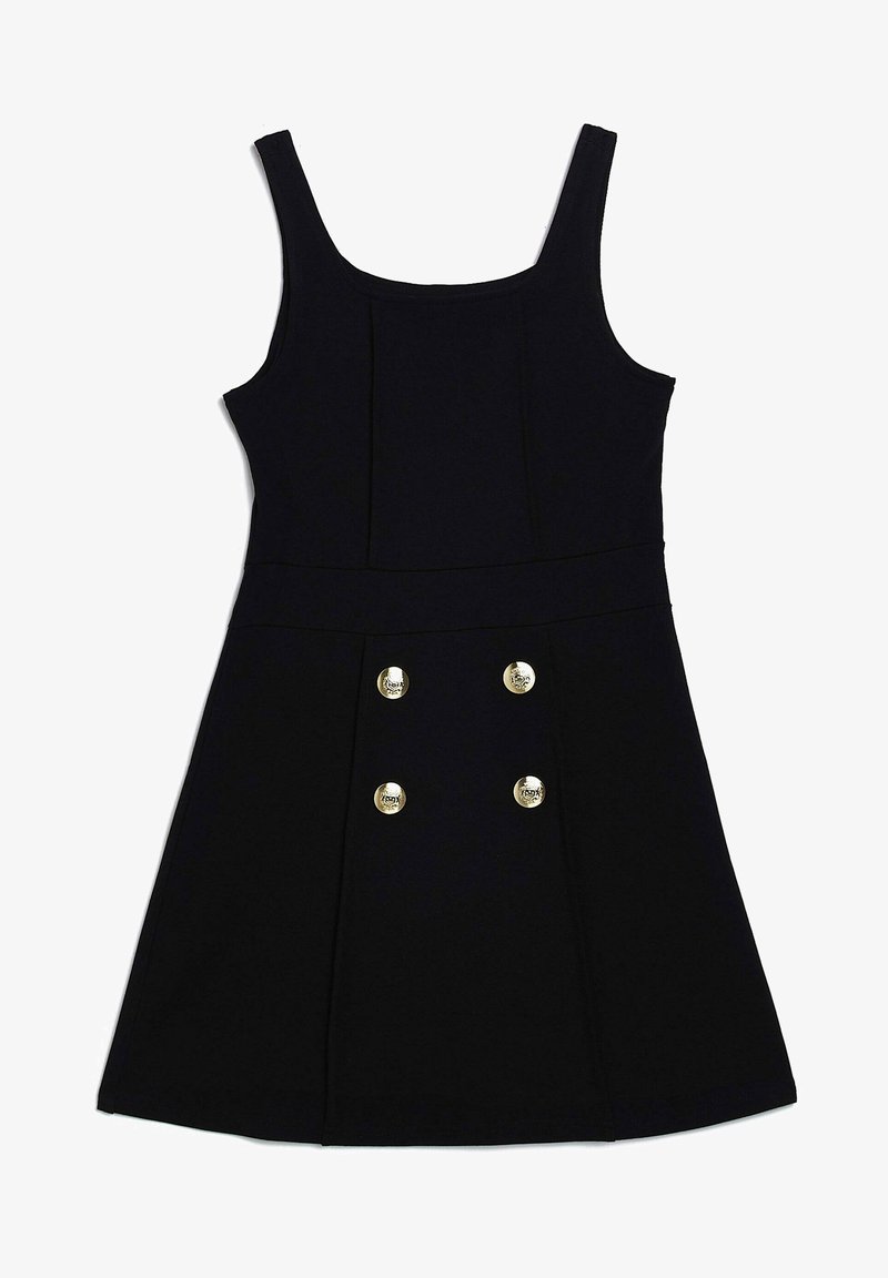 Robe noire sans manches avec un col carré et quatre boutons décoratifs dorés sur la partie avant de la jupe.