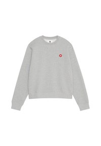 Grey sweatshirt made of fleece material, featuring a crew neck, long sleeves, and a red logo patch on the left chest.
