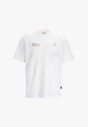 Biała bawełniana koszulka z krótkim rękawem, z brązowym napisem i akcentami logo na przodzie. Okrągły dekolt i luźny krój.