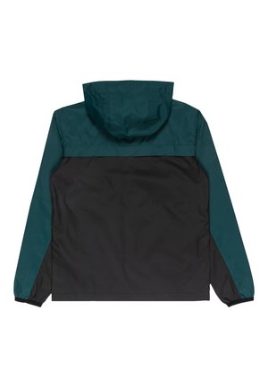 Veste légère pour hommes en noir et teal. Comprend une capuche, des poignets élastiques et un panneau supérieur contrasté. Tissu lisse et résistant à l'eau.
