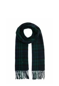 Szalik w kratę w ciemnozielonych i granatowych odcieniach, wykonany z miękkiego materiału z chwostami, prezentujący klasyczny wzór w kratę.