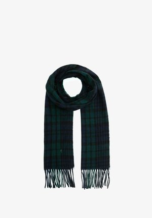 Szalik w kratę w ciemnozielonych i granatowych odcieniach, wykonany z miękkiego materiału z chwostami, prezentujący klasyczny wzór w kratę.