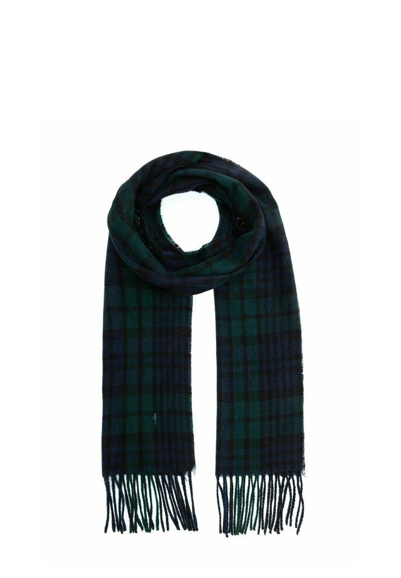 Szalik w kratę w ciemnozielonych i granatowych odcieniach, wykonany z miękkiego materiału z chwostami, prezentujący klasyczny wzór w kratę.