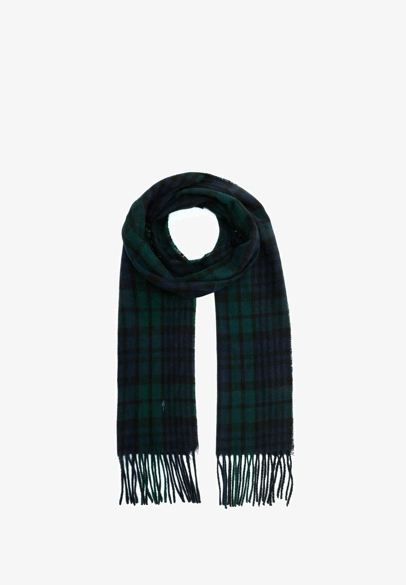 Szalik w kratę w ciemnozielonych i granatowych odcieniach, wykonany z miękkiego materiału z chwostami, prezentujący klasyczny wzór w kratę.