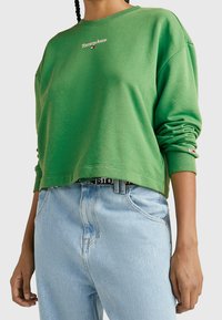 Osoba v zelené mikině Tommy Jeans s logem a světle modrými džínami s vysokým pasem, stojící v uvolněné poloze.