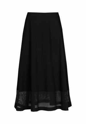 Schwarzer Midirock mit einem glatten Oberteil und einem strukturierten unteren Saum aus Mesh. Das Design ist A-förmig und verleiht eine fließende Silhouette.