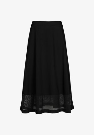 Schwarzer Midirock mit einem glatten Oberteil und einem strukturierten unteren Saum aus Mesh. Das Design ist A-förmig und verleiht eine fließende Silhouette.