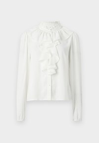 White blouse with long sleeves, high ruffled collar, and front ruffle detail. Fabric appears smooth with a slight sheen and button closure.