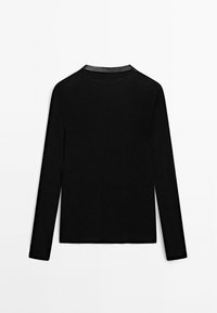 Black long-sleeve shirt with a crew neckline, made of smooth fabric. Features a straight cut and subtle stitching details.