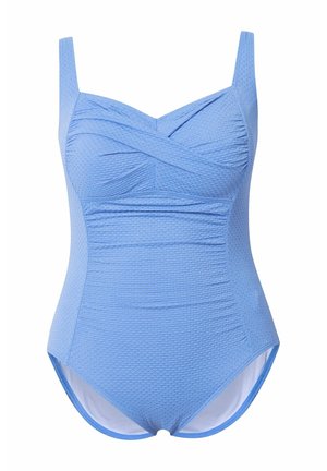 Blåt ét-stykke badedragt med tekstureret stof, krydsindviklet bodice, justerbare stropper og en beskeden skæring. Har en glat inderforing.