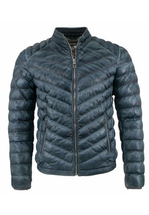 Dunkelblaue gesteppte Lederjacke mit Stehkragen, Reißverschluss vorne und zwei Seitentaschen. Verfügt über ein Chevron-Muster und eine strukturierte Oberfläche.