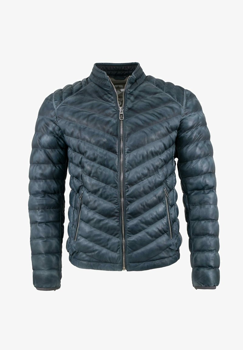 Dunkelblaue gesteppte Lederjacke mit Stehkragen, Reißverschluss vorne und zwei Seitentaschen. Verfügt über ein Chevron-Muster und eine strukturierte Oberfläche.