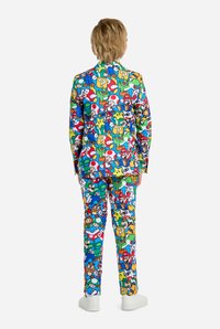 Farbenfrohes Kinderanzug im Cartoon-Muster mit Spielcharakteren, aus einem glatten Stoff und mit slim fit Design.