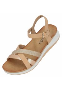 Sandal in beige chiaro con fasce incrociate, una fascia decorativa glitter, un plantare imbottito e una suola in gomma bianca con dettagli testurizzati.