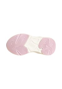 Suola della scarpa con un motivo ondulato; sezione in gomma rosa sul tallone e sulla punta; intersuola di colore crema; superficie texturizzata per una migliore aderenza.