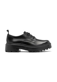 Scarpe in pelle nera con lacci, punta rotonda, suola testurizzata e plateau spesso. Presentano una linguetta sul retro per un facile indossamento.