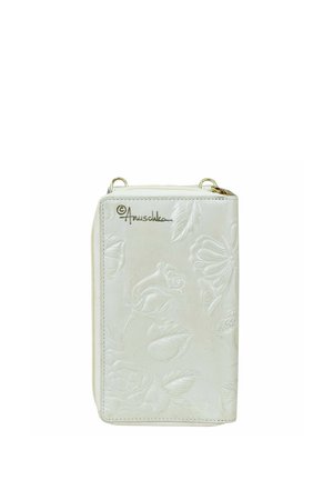 White leather wallet with embossed floral and butterfly designs. Features a zip closure and an embossed logo on the front.