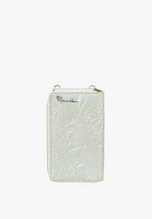 Witte leren portemonnee met geperste bloemen- en vlindermotieven. Beschikt over een ritsluiting en een geperst logo aan de voorkant.