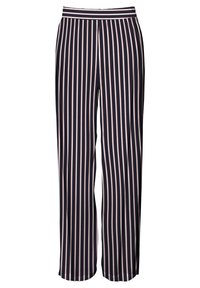 Meripihkaväriset ja roosade triipudega laiad püksid, millel on sile tekstuur ja elastne vöökoht, mis on mõeldud mugavuseks ja liikumise vabaks jätkamiseks.