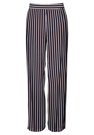 Un pantalon large rayé bleu marine et rose avec une texture lisse et une taille élastique, conçu pour le confort et la liberté de mouvement.