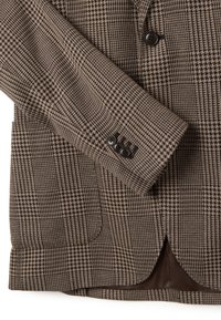 Braun kariertes Sakko mit strukturiertem Design, aus strukturiertem Stoff, mit zwei Knöpfen und einem Schlitz hinten.
